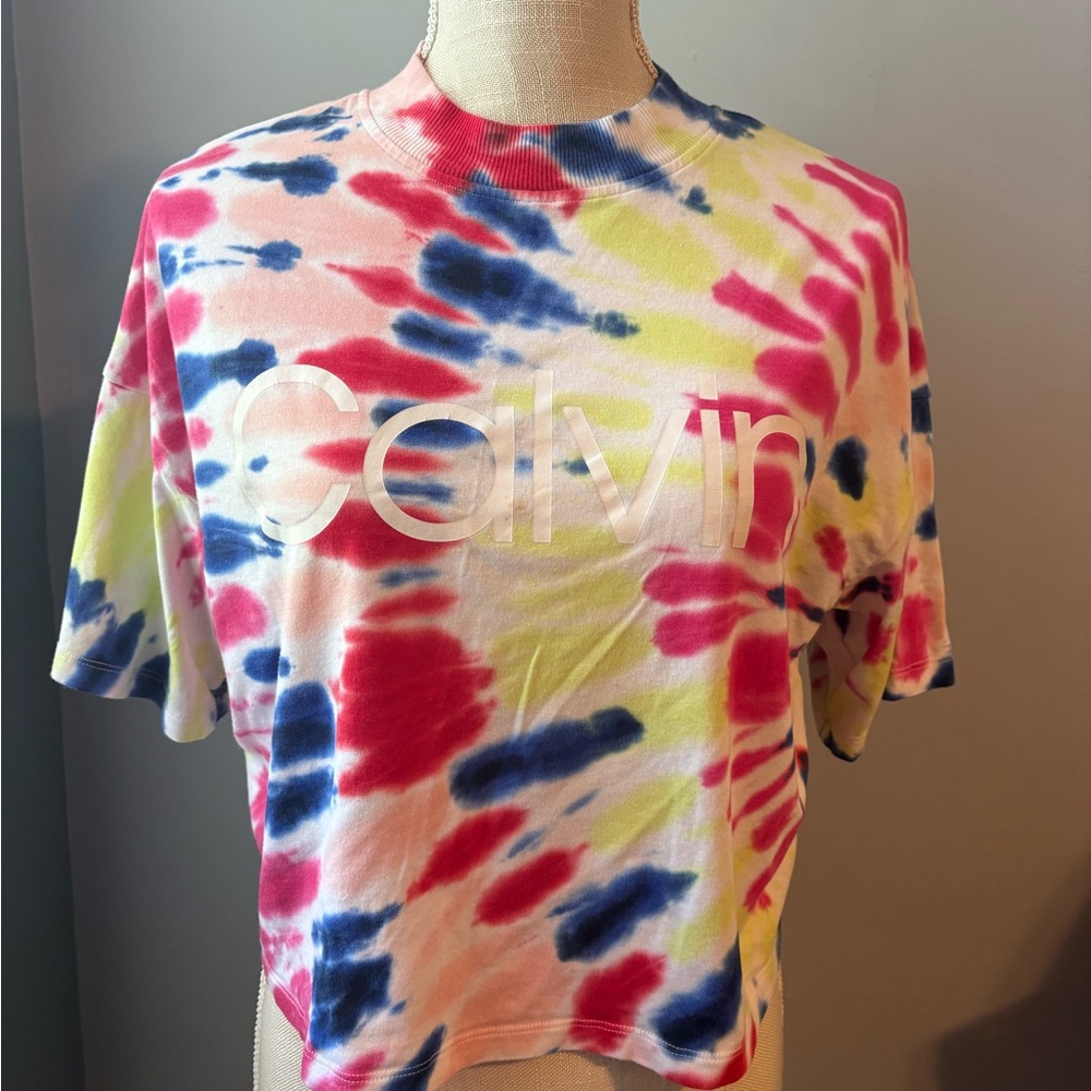 Calvin Klein Performance Tie-Dye Crop Tee - Red, Blue, Lime